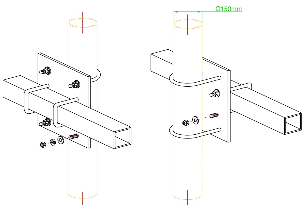 150mm diameter right-angle medium-duty clamp, stainless steel - boom 25mm square, mast 150mm dia.
