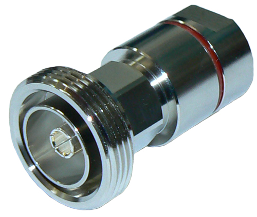 7/16" DIN female low P.I.M. connector for 1/2" corrguated shielded, foam dielectric coaxial cable, ZCG1250, DC-3 GHz, 50 Ohms - tri-metal plated