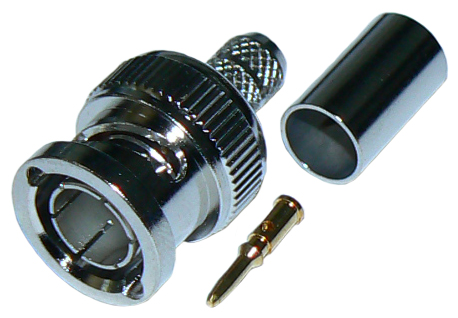 BNC male crimp connector for RG59 single stranded core, solid PE dielectric 75 Ohm coaxial cable, 75 Ohms - nickel plated