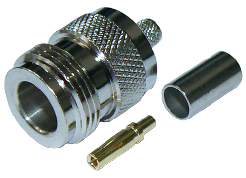 N-type female crimp connector for RG58 coaxial cables, DC-11 GHz, 50 Ohms - tri-metal plated
