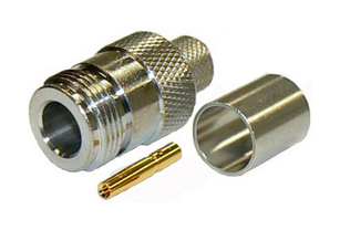 N-type female solder pin, crimp connector for RG213 stranded core, solid PE dielectric coaxial cable, DC-11 GHz, 50 Ohms - tri-metal plated