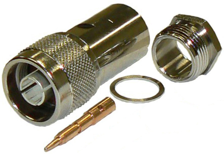 N-type male solder pin, clamp-style connector for RU400/RU400-UF and RG8 coaxial cables, DC-11 GHz, 50 Ohms - nickel plated
