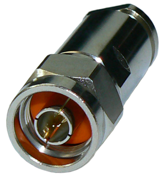 N-type male solderless, clamp-style plug connector for RU400 solid core coaxial cable, DC-11 GHz, 50 Ohms - nickel plated