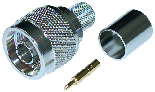 N-type male, solder pin, crimp connector for RG213 stranded core, solid PE dielectric coaxial cable, DC-11 GHz, 50 Ohms - tri-metal plated