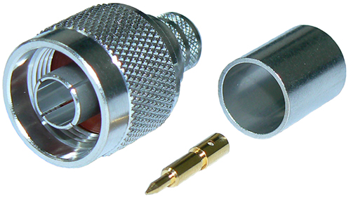 N-type male, solder pin, crimp connector for RU400 low loss cable, RU400-UF ultra flexible cable or RG8 cable, DC-11 GHz, 50 Ohms - tri-metal plated