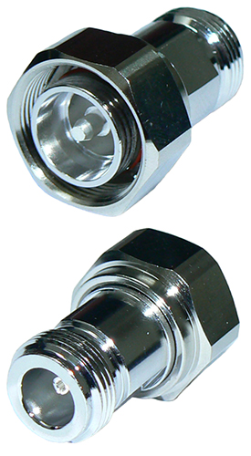 Type 4.3-10 male screw type to N-type female connector straight adaptor, inter-series, DC-12 GHz, 50 Ohms - Tri-metal plated