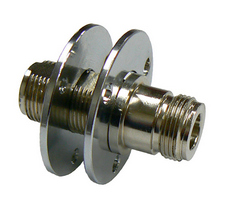 N-type female to N-type female bulkhead flange mount adaptor, 50 Ohms - nickel plated