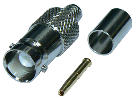 BNC female crimp jack connector for RG59 75 Ohm, single strand core, solid PE dielectric coaxial cable, DC-4 GHz, 75 Ohms - nickel plated