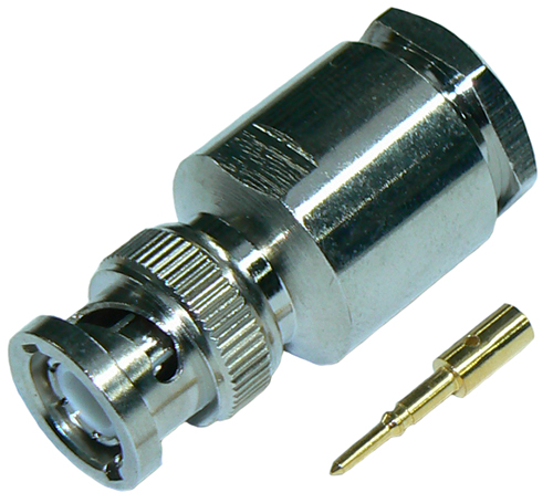 BNC male solder pin, clamp-style connector for RU400 and RU400-UF coaxial cables, DC-4 GHz, 50 Ohms - nickel plated