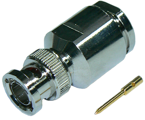 BNC male solder pin, clamp-style connector for RU400-75 low loss, solid core coaxial cable, 75 Ohms - tri-metal plated