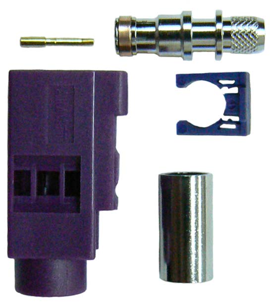 Fakra SMB female, solder pin, crimp connector for RG58 coaxial cables, DC-6 GHz, 50 Ohms - bordeaux violet - Code D, Cellular, RAL 4004