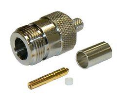 N-type female crimp connector for RG59 single core, solid PE dielectric, 75 Ohm coaxial cable, DC-11 GHz, 50 Ohms - tri-metal plated