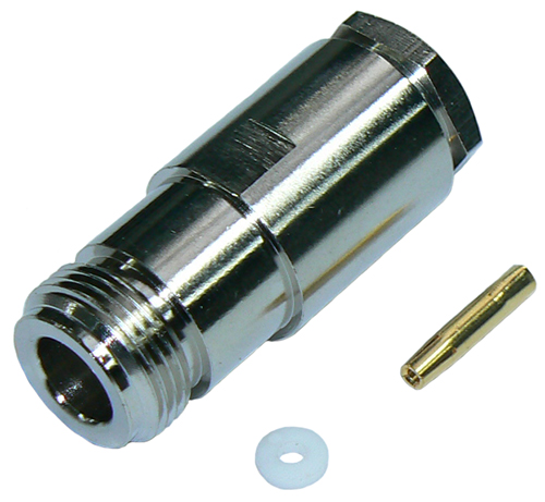 N-type female solder pin, clamp-style connector for RU400 low loss, solid core coaxial cable and RG8 coaxial cable, DC-11 GHz, 50 Ohms - nickel plated