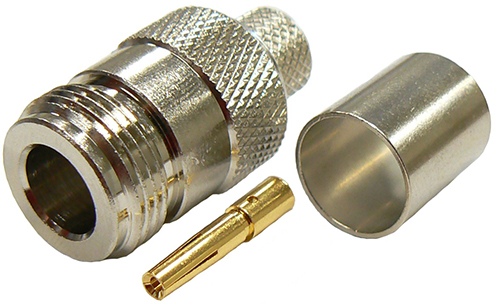 N-type female, solder pin, crimp connector for RU400 low loss coaxial cable and RG8 coaxial cable, DC-11 GHz, 50 Ohms - tri-metal plated