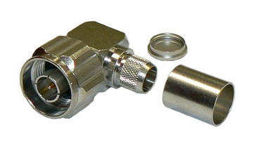 Right-angle N-type male solder pin, crimp connector for RG214 coaxial cable, DC-11 GHz, 50 Ohms - tri-metal plated