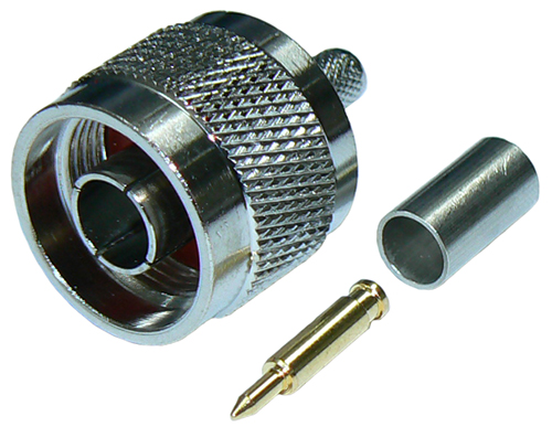 N-type male crimp connector for RG58 coaxial cables, DC-4 GHz, 50 Ohms - tri-metal plated