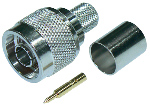 N-type male solder pin, crimp connector for RG214/U dual shielded coaxial cable, DC-11 GHz, 50 Ohms, low PIM - tri-metal plated