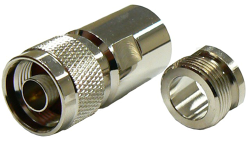Low P.I.M. N-type male solder pin, clamp-style connector for RU400-75 low loss, solid copper core, coaxial cable, 75 Ohms - tri-metal plated