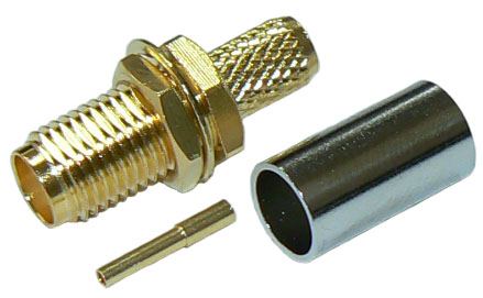 SMA female bulkhead connector for RG58 low loss, solid core coaxial cable, DC-6 GHz, 50 Ohms - gold plated
