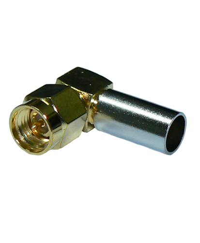 Right-angle SMA male solder pin crimp connector for RG58 coaxial cables, DC-18 GHz, 50 Ohms - gold plated
