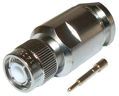 TNC male solder pin, clamp-style connector for RG214/U stranded core, solid PE dielectric, dual braid shielded coaxial cable, 50 Ohms - nickel plated