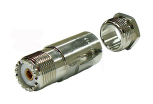 UHF female solder pin, clamp-style connector for RG213 stranded core, solid PE dielectric coaxial cable, and RU400 cable 50 Ohms - nickel plated
