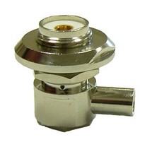 Right-angle UHF female SO-239, solder pin, twist-style connector, stud mount with 16mm hole - nickel plated