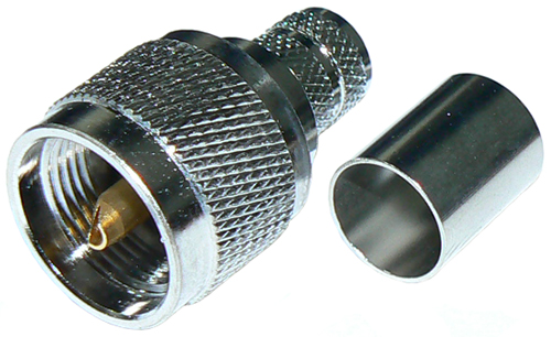 UHF male PL259, solder pin, crimp connector for MIL-SPEC RG213 stranded coaxial cable, 50 Ohms - nickel plated