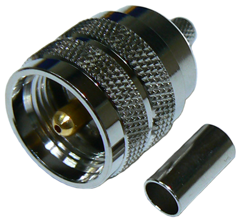UHF male PL259, solder pin, crimp connector for MIL-SPEC RG58 coaxial cables, 50 Ohms - nickel plated