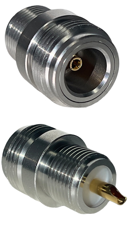 N-type female SHM receptacle connector jack, ROTATING CENTER PIN,1/2"-26 brass thread, no flats on thread - nickel plated