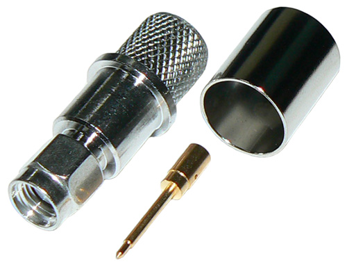 SMA male solder pin, crimp plug connector for RU400 low loss, solid conductor coaxial cable, DC-12.4 GHz, 50 Ohms - Tri-alloy plated