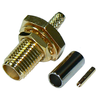 SMA female bulkhead solder pin, crimp connector for RG174A/U coaxial cable or RG316 coaxial cable, DC-6 GHz, 50 Ohms - gold plated