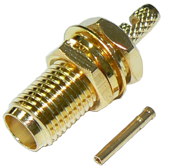 SMA plated female bulkhead crimp connector for RG178B/U miniature coaxial cable, DC-18 GHz, 50 Ohms - gold plated