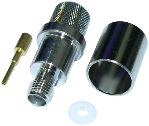 SMA female crimp connector for RU400 low loss, solid core coaxial cable, DC-12.4 GHz, 50 Ohms - tri-alloy plated