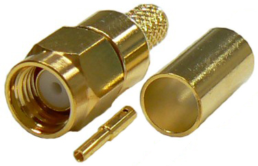 Reverse gender SMA male, solder pin, crimp connector for RG174A/U and RG316 coaxial cable, DC-12.4 GHz, 50 Ohms - gold plated