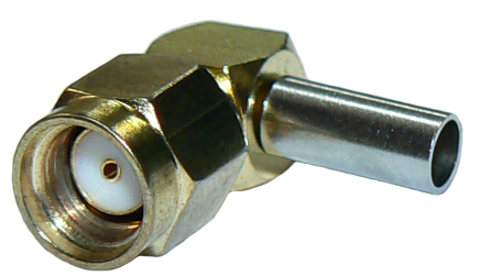 Reverse gender, right-angle SMA male, solder pin, crimp connector for RG316 cable or RG174A/U cable, DC-12.4 GHz, 50 Ohms - gold plated