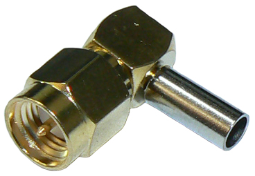 Right-angle SMA male solder pin, crimp connector for RG174A/U cable or RG316 cable, DC-6 GHz, 50 Ohms - gold plated