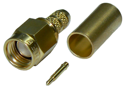 SMA male solder pin, crimp connector for RG142B/U solid core, PTFE dielectric coaxial cable, DC-18 GHz, 50 Ohms, Huber & Suhner - gold plated