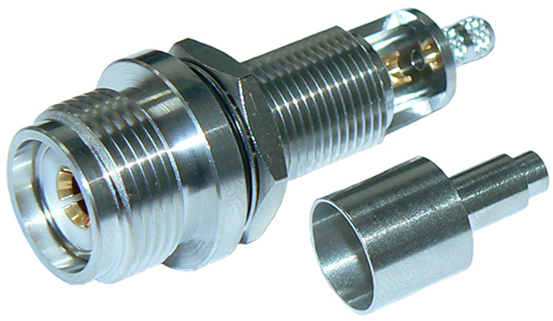 UHF female bulkhead connector, solder pin, crimp sleeve for RG316/RU100, 5/8-UNEF-24 thread to 1/2-28UNEF-2A thread - tri-metal plated