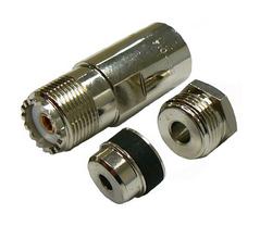 UHF female SO-239, solder pin, clamp-style connector for RG58 coaxial cables, 50 Ohms - nickel plated
