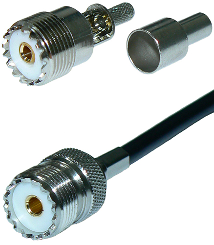 UHF female SO239, solder pin, crimp connector for RG58 coaxial cables, 50 Ohms - nickel plated
