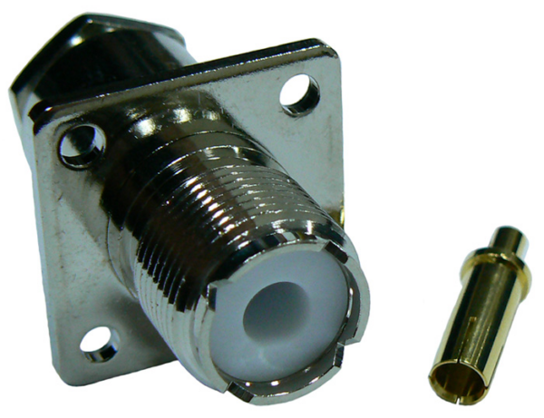 UHF female SO239 flange, solder pin, clamp-style connector for RG213 stranded core, solid PE dielectric coaxial cable, 50 Ohms - nickel plated