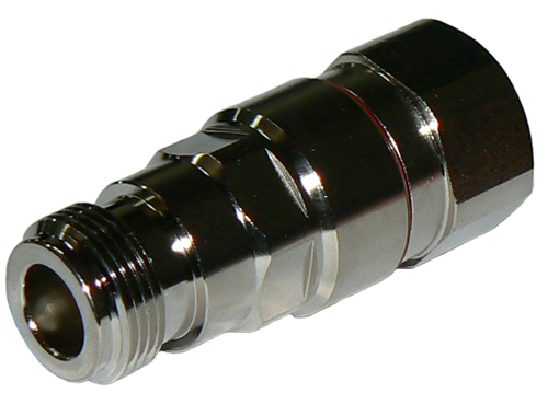 N-type female clamp-style connector for 1/2" corrugated shielded, foam dielectric coaxial cable, ZCG1250, 50 Ohms - tri-metal plated