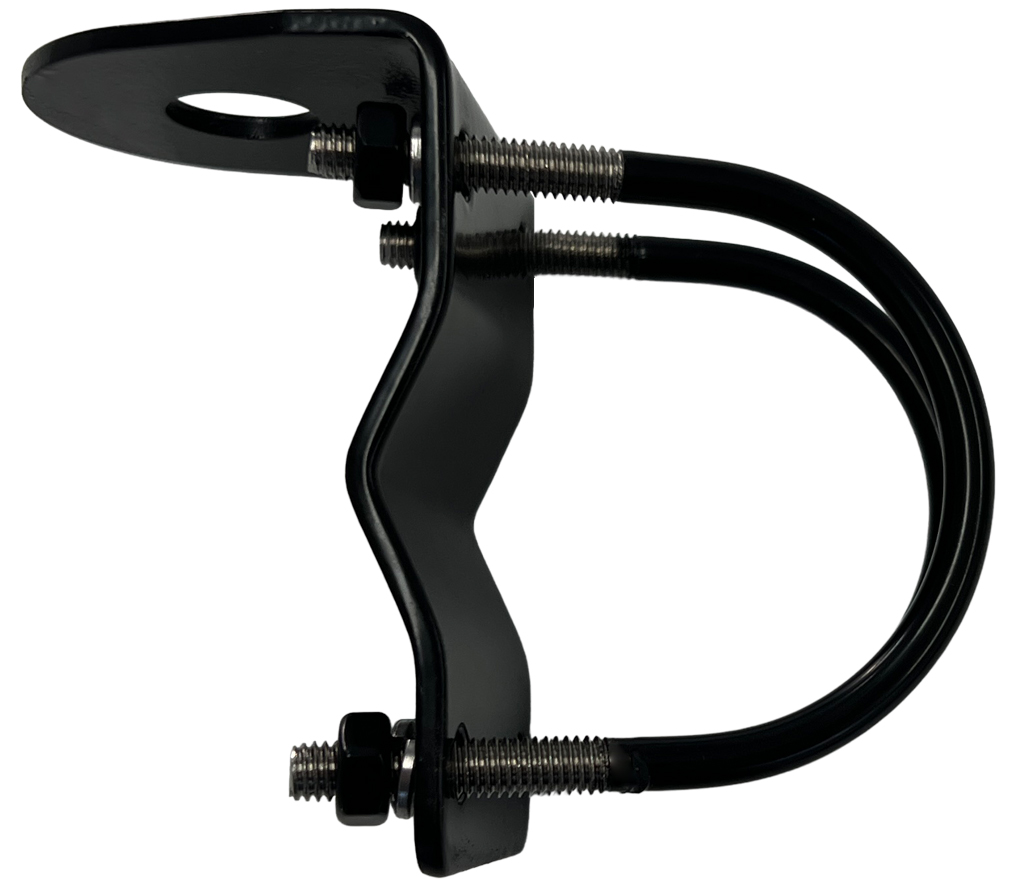 Black finish wrap-around bullbar mount bracket, dual U-bolts, 30-50mm bullbar tube - 16mm antenna mount hole