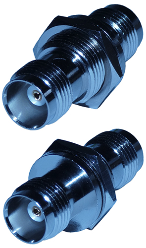 TNC female to TNC female bulkhead style straight adaptor, 50 Ohms, 4mm mount thickness - nickel plated