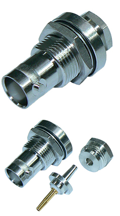 BNC female bulkhead mount clamp-style connector for RG174A/U cable and RG316 cable, up 5.8mm  mount plate, DC-4 GHz, 50 Ohms - tri-metal plated