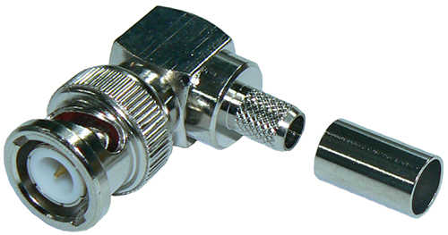 BNC right-angle male solder pin, crimp connector for RG59 75 Ohm coaxial cable, DC-4 GHz, 50 Ohms - nickel plated