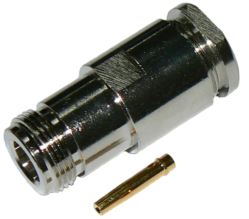 N-type female, solder pin, clamp-style connector for RG213 stranded coaxial cable, DC-11 GHz, 50 Ohms - nickel plated
