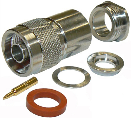 N-type male solder pin, clamp-style connector for RG213 coaxial cable, DC-11 GHz, 50 Ohms - tri-metal plated