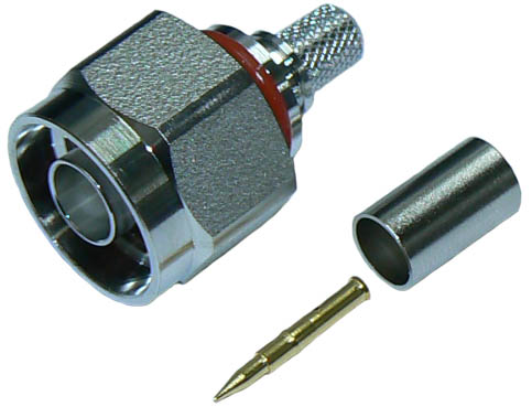 N-type male crimp connector for RU240-UF ultra flexible, stranded core coaxial cable, DC-6 GHz, 50 Ohms - nickel plated